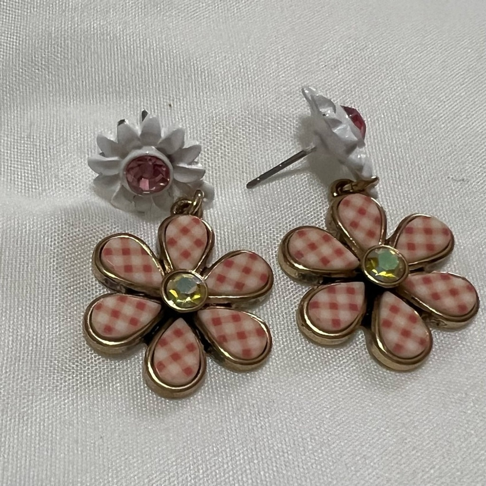Pink Checkered Floral Earrings with Gem Accents